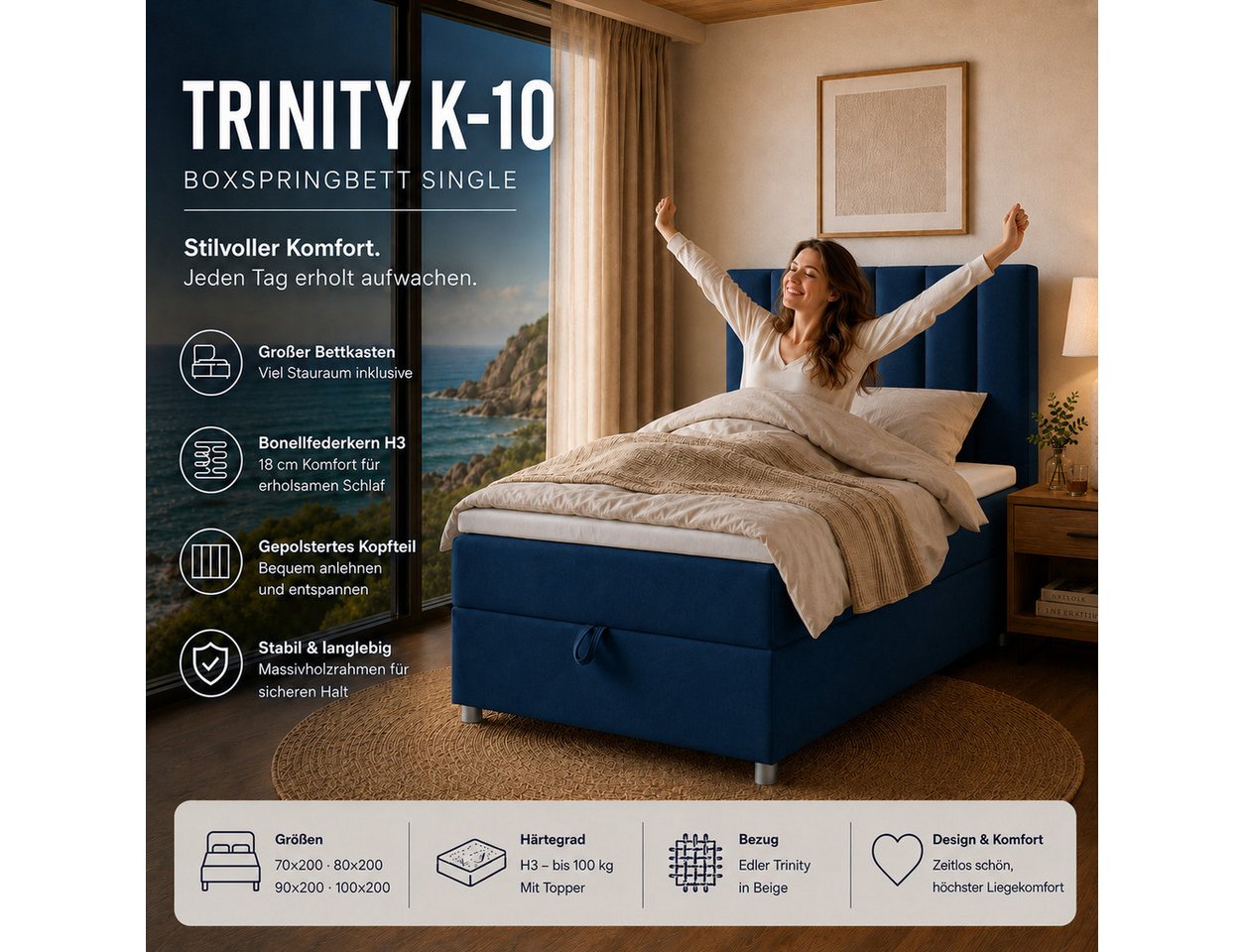 Best for Home Boxspringbett Trinity K-10 Single mit Bettkasten – 7-Zonen Matratze & Komfort-Topper (Bettset, 70x200 80x200 90x200 100x200 cm), Handwerksqualität – Bild 4 von 5