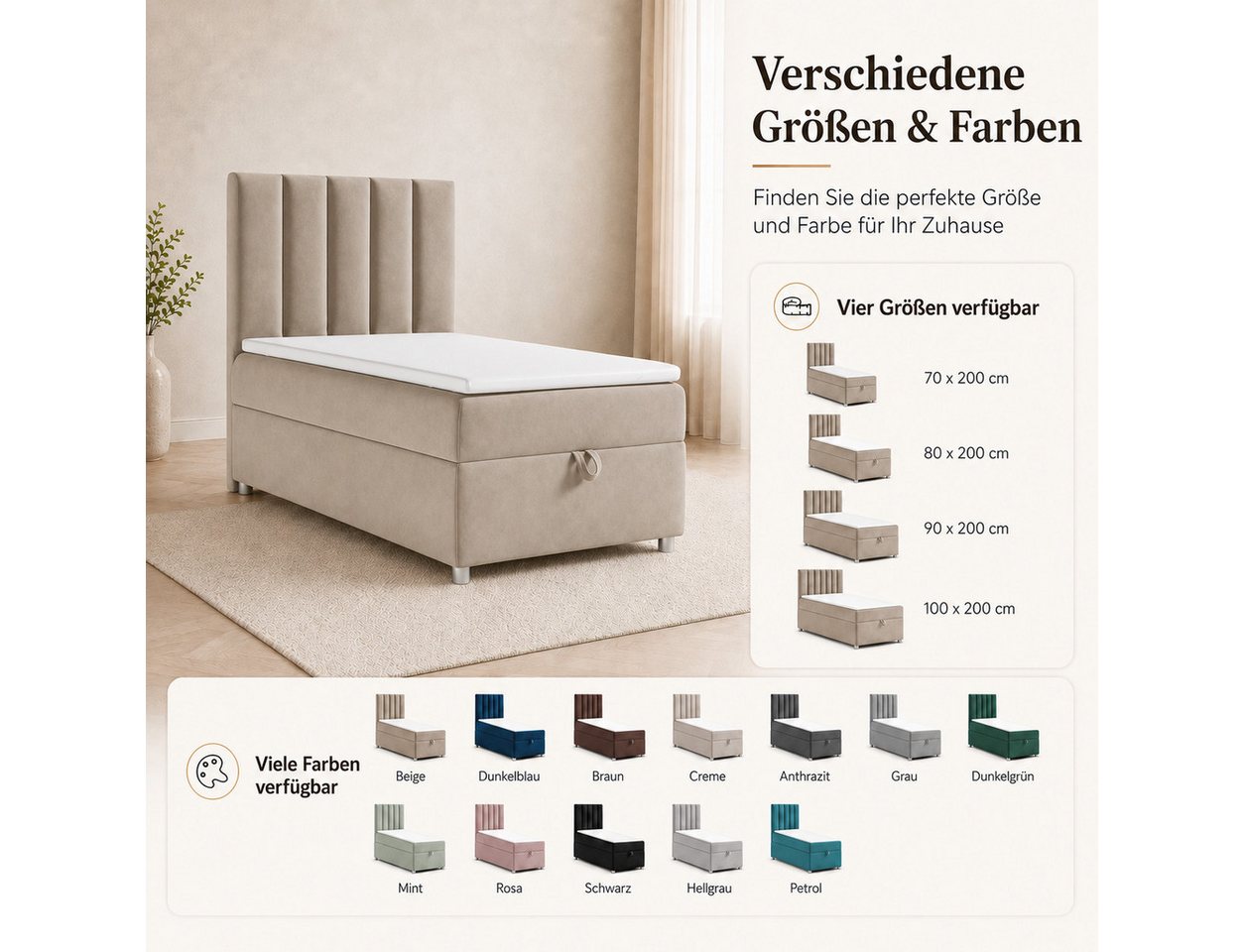 Best for Home Boxspringbett Trinity K-10 Single mit Bettkasten – 7-Zonen Matratze & Komfort-Topper (Bettset, 70x200 80x200 90x200 100x200 cm), Handwerksqualität – Bild 3 von 5
