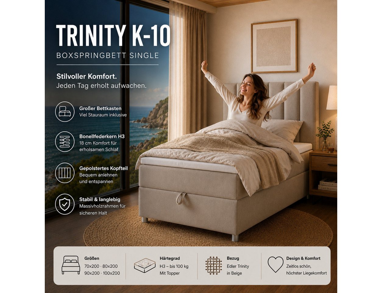 Best for Home Boxspringbett Trinity K-10 Single mit Bettkasten – 7-Zonen Matratze & Komfort-Topper (Bettset, 70x200 80x200 90x200 100x200 cm), Handwerksqualität – Bild 4 von 5