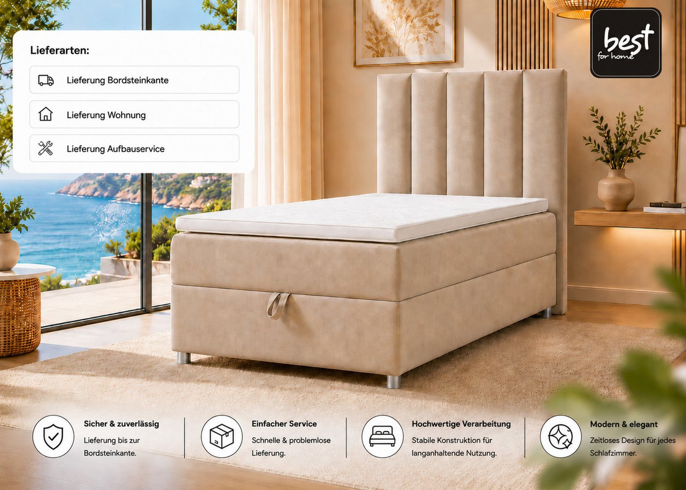 Best for Home Boxspringbett Trinity K-10 Single mit Bettkasten – 7-Zonen Matratze & Komfort-Topper (Bettset, 70x200 80x200 90x200 100x200 cm), Handwerksqualität – Bild 5 von 5