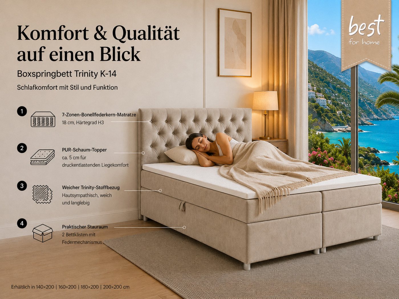 Best for Home Boxspringbett Trinity K-14 mit 7-Zonen-Matratze und Stauraum (Boxspringbett-Set, 1-St., Boxspringbett-Set inklusive Matratze, Topper und Bettkäste – Bild 3 von 5