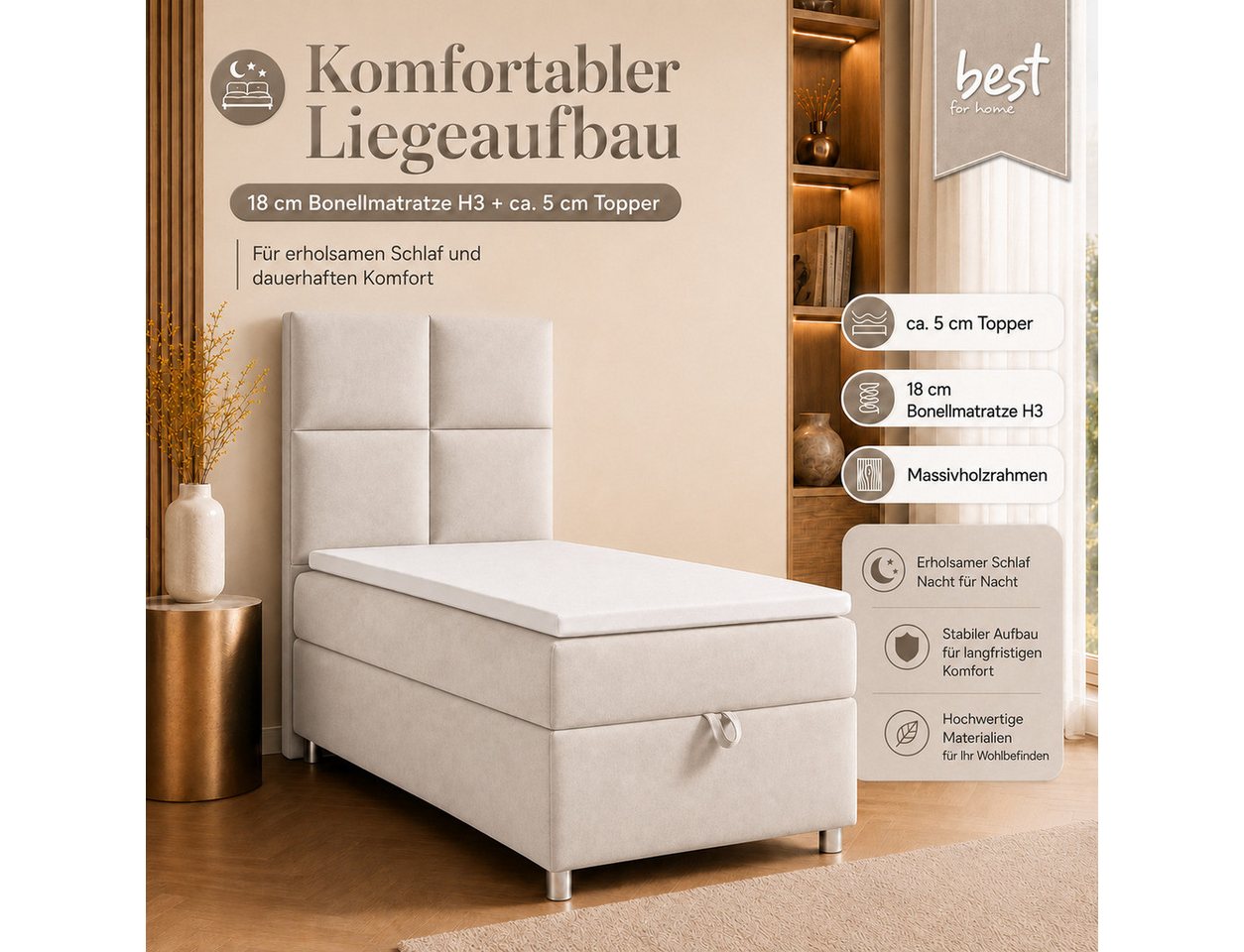 Best for Home Boxspringbett Trinity K-2 mit Bettkasten & Topper – Komfort & Stauraum (Einzelbett, Hotelbett, Polsterbett gepolstertes Kopfteil, Jugendbett, Kind – Bild 3 von 5