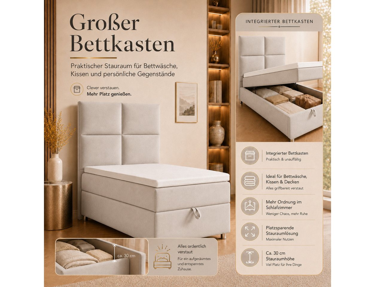 Best for Home Boxspringbett Trinity K-2 mit Bettkasten & Topper – Komfort & Stauraum (Einzelbett, Hotelbett, Polsterbett gepolstertes Kopfteil, Jugendbett, Kind – Bild 5 von 5