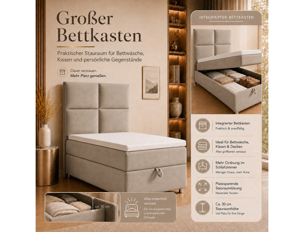 Best for Home Boxspringbett Trinity K-2 mit Bettkasten & Topper – Komfort & Stauraum (Einzelbett, Hotelbett, Polsterbett gepolstertes Kopfteil, Jugendbett, Kind – Bild 5 von 5