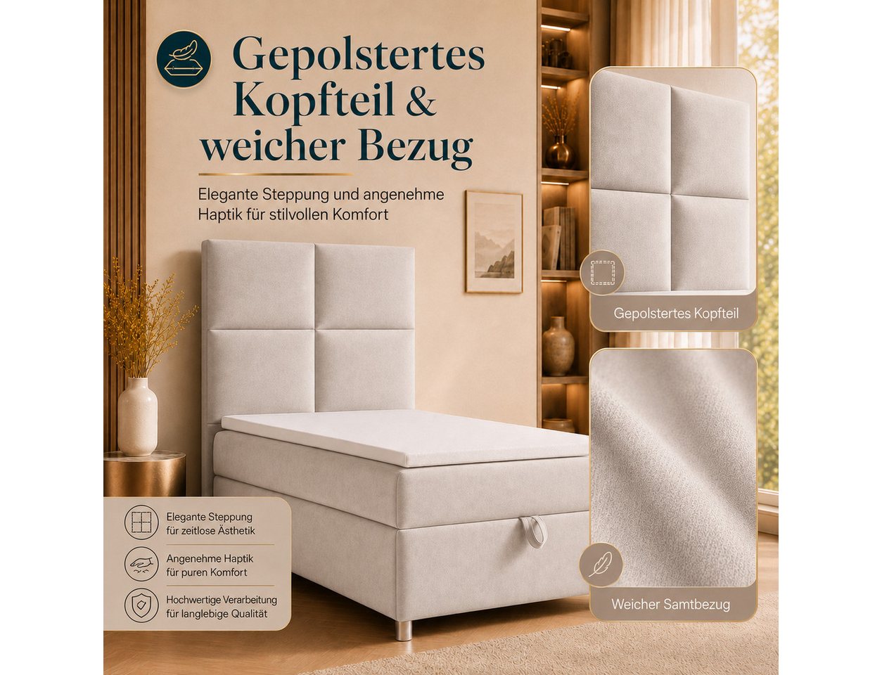 Best for Home Boxspringbett Trinity K-2 mit Bettkasten & Topper – Komfort & Stauraum (Einzelbett, Hotelbett, Polsterbett gepolstertes Kopfteil, Jugendbett, Kind – Bild 4 von 5