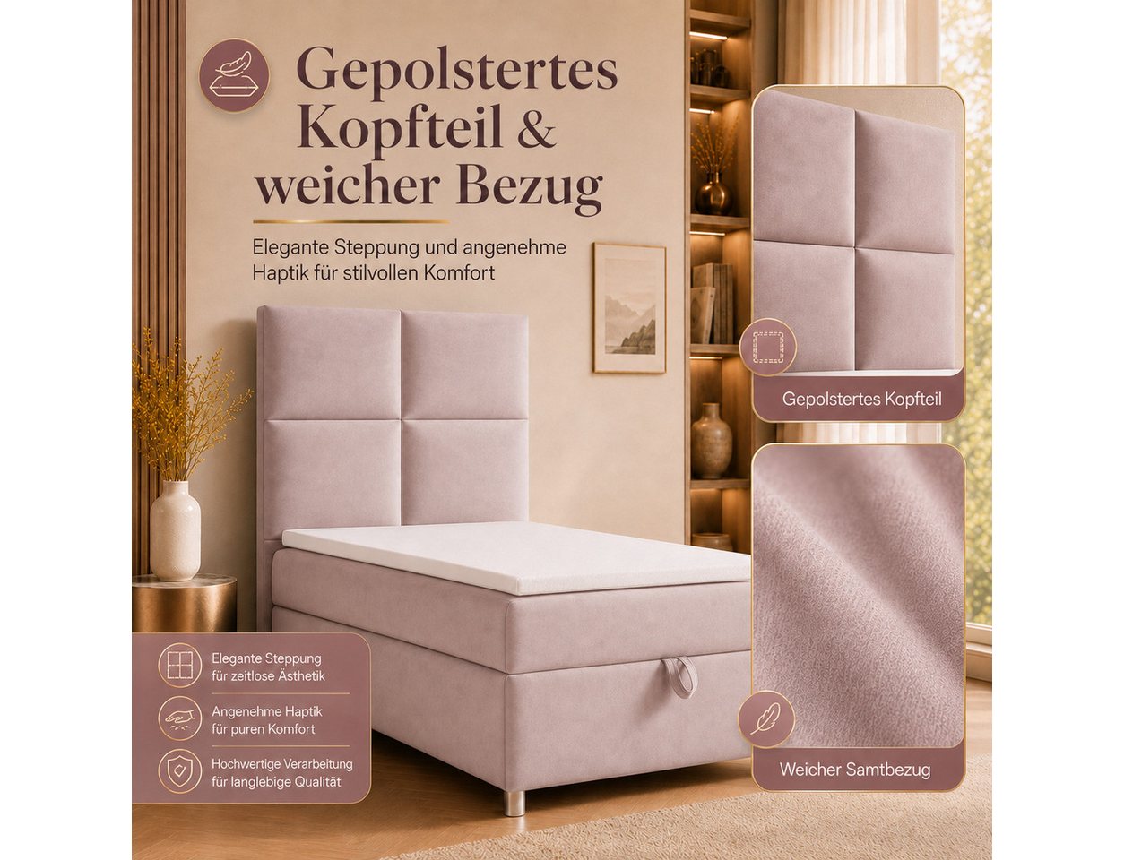 Best for Home Boxspringbett Trinity K-2 mit Bettkasten & Topper – Komfort & Stauraum (Einzelbett, Hotelbett, Polsterbett gepolstertes Kopfteil, Jugendbett, Kind – Bild 4 von 5