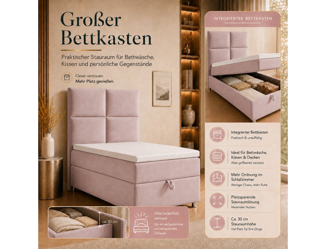 Best for Home Boxspringbett Trinity K-2 mit Bettkasten & Topper – Komfort & Stauraum (Einzelbett, Hotelbett, Polsterbett gepolstertes Kopfteil, Jugendbett, Kind – Bild 5 von 5