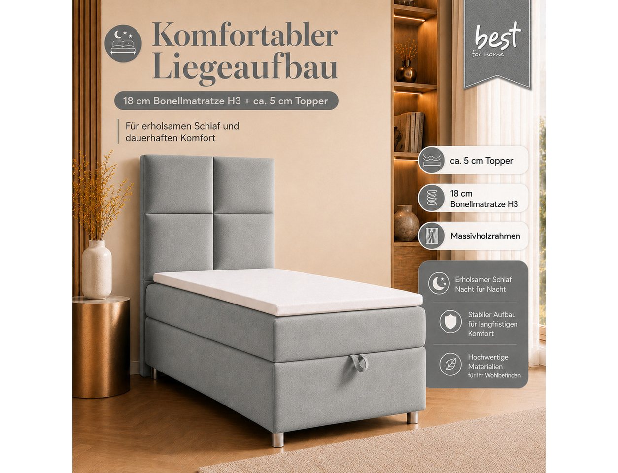 Best for Home Boxspringbett Trinity K-2 mit Bettkasten & Topper – Komfort & Stauraum (Einzelbett, Hotelbett, Polsterbett gepolstertes Kopfteil, Jugendbett, Kind – Bild 3 von 5