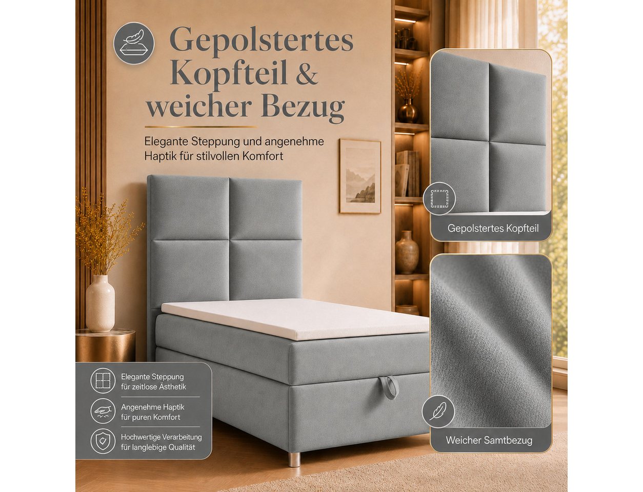 Best for Home Boxspringbett Trinity K-2 mit Bettkasten & Topper – Komfort & Stauraum (Einzelbett, Hotelbett, Polsterbett gepolstertes Kopfteil, Jugendbett, Kind – Bild 4 von 5