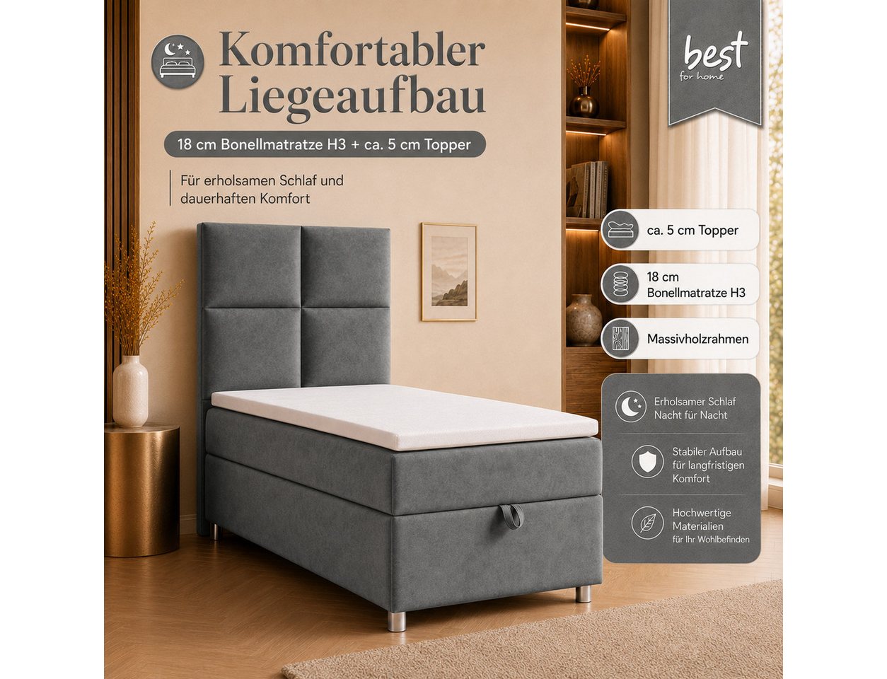 Best for Home Boxspringbett Trinity K-2 mit Bettkasten & Topper – Komfort & Stauraum (Einzelbett, Hotelbett, Polsterbett gepolstertes Kopfteil, Jugendbett, Kind – Bild 3 von 5
