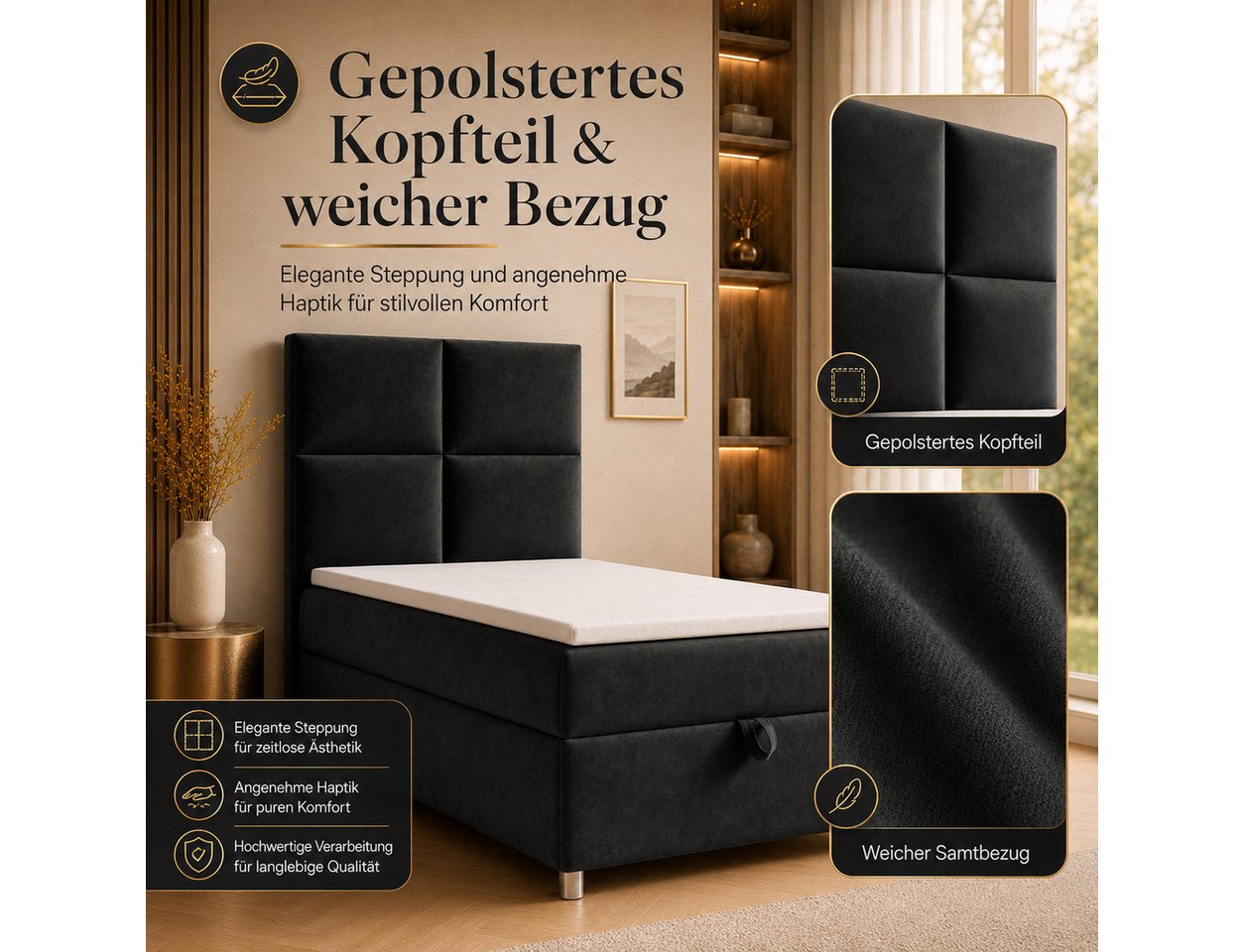 Best for Home Boxspringbett Trinity K-2 mit Bettkasten & Topper – Komfort & Stauraum (Einzelbett, Hotelbett, Polsterbett gepolstertes Kopfteil, Jugendbett, Kind – Bild 3 von 5