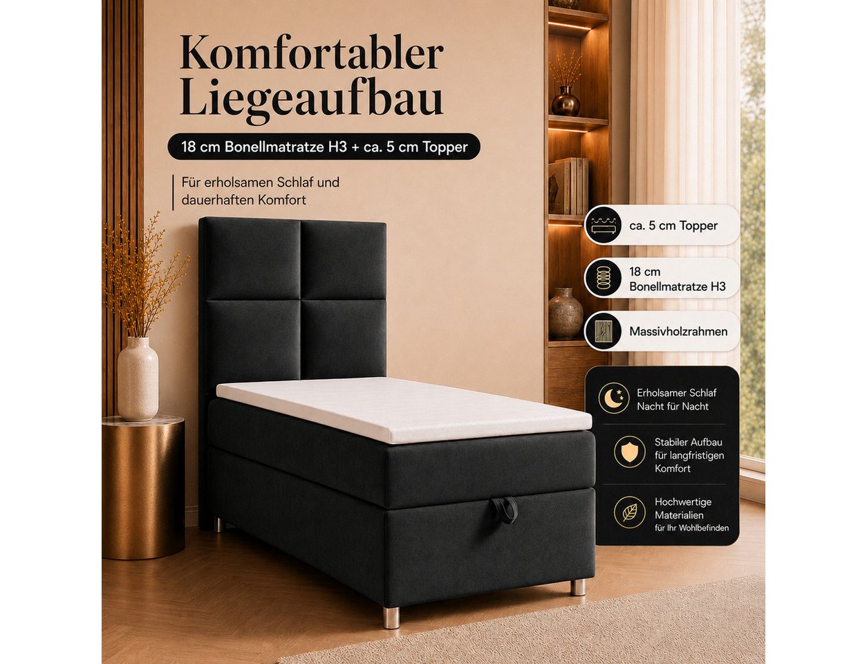 Best for Home Boxspringbett Trinity K-2 mit Bettkasten & Topper – Komfort & Stauraum (Einzelbett, Hotelbett, Polsterbett gepolstertes Kopfteil, Jugendbett, Kind – Bild 4 von 5