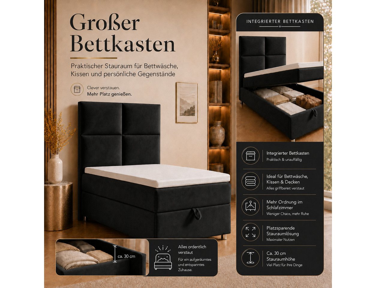 Best for Home Boxspringbett Trinity K-2 mit Bettkasten & Topper – Komfort & Stauraum (Einzelbett, Hotelbett, Polsterbett gepolstertes Kopfteil, Jugendbett, Kind – Bild 5 von 5