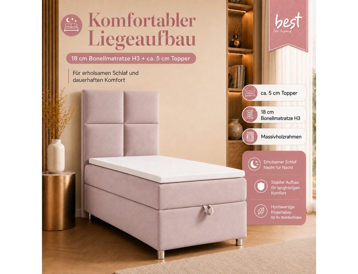 Best for Home Boxspringbett Trinity K-2 mit Bettkasten & Topper – Komfort & Stauraum (Einzelbett, Hotelbett, Polsterbett gepolstertes Kopfteil, Jugendbett, Kind – Bild 3 von 5