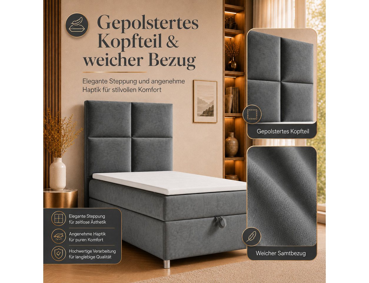 Best for Home Boxspringbett Trinity K-2 mit Bettkasten & Topper – Komfort & Stauraum (Einzelbett, Hotelbett, Polsterbett gepolstertes Kopfteil, Jugendbett, Kind – Bild 4 von 5