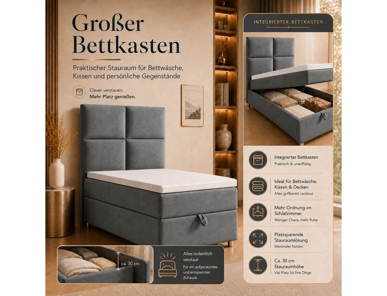 Best for Home Boxspringbett Trinity K-2 mit Bettkasten & Topper – Komfort & Stauraum (Einzelbett, Hotelbett, Polsterbett gepolstertes Kopfteil, Jugendbett, Kind – Bild 5 von 5