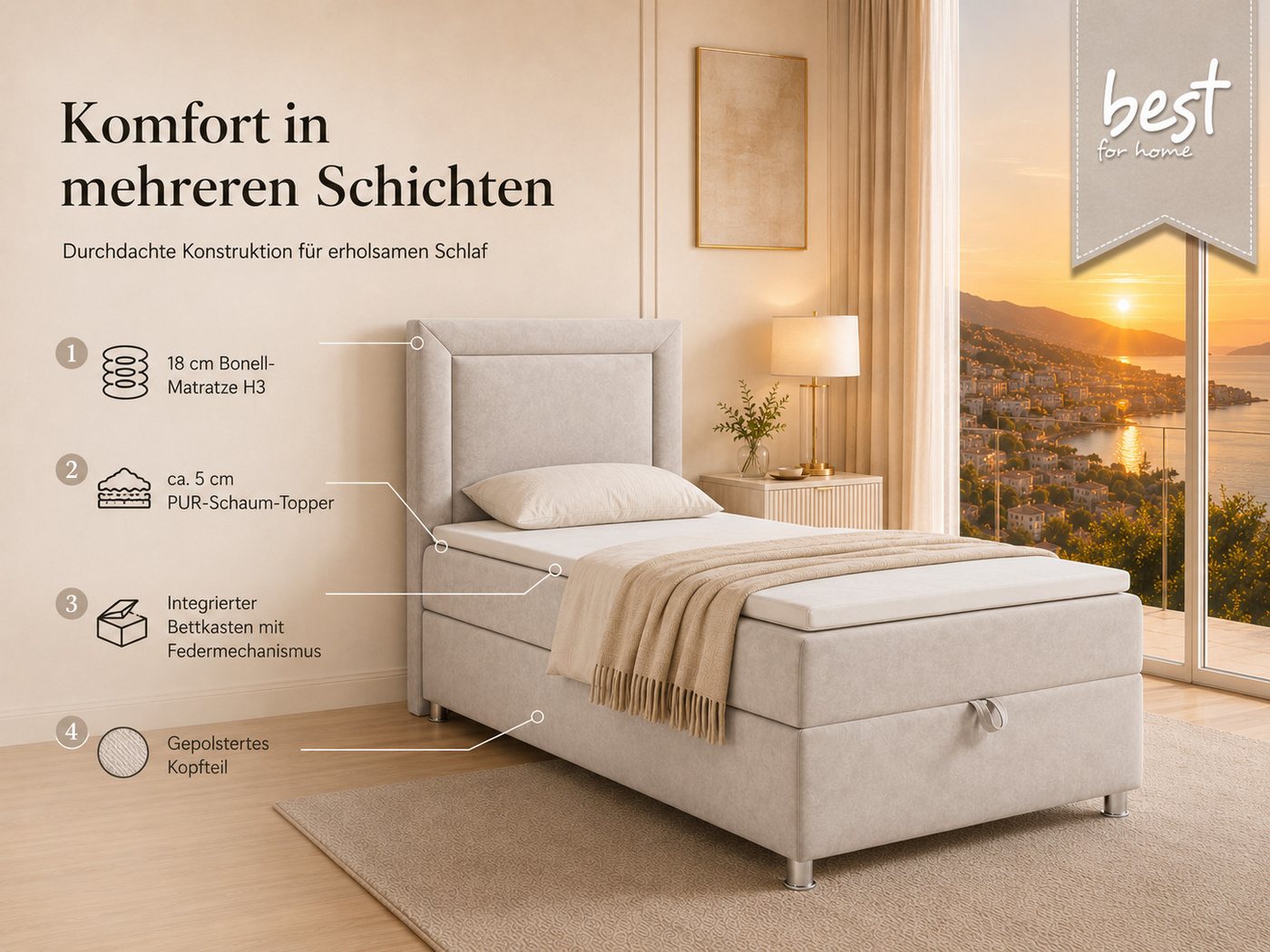Best for Home Boxspringbett Trinity K-3 Boxspringbett mit Stauraum und Topper (Einzelbett, Polsterbett mit gepolstertes Kopfteil, Jugendbett, Kinderbett versch. – Bild 3 von 5
