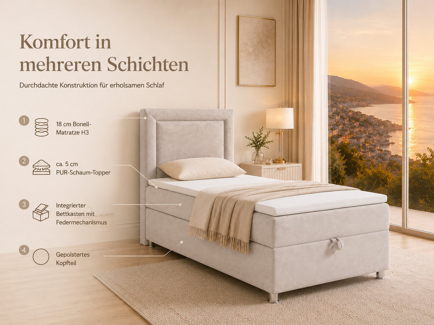 Best for Home Boxspringbett Trinity K-3 Boxspringbett mit Stauraum und Topper (Einzelbett, Polsterbett mit gepolstertes Kopfteil, Jugendbett, Kinderbett versch. – Bild 4 von 5