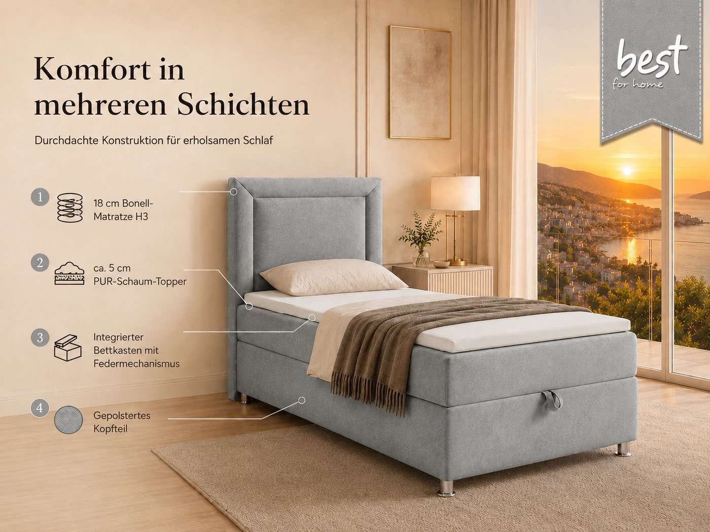 Best for Home Boxspringbett Trinity K-3 Boxspringbett mit Stauraum und Topper (Einzelbett, Polsterbett mit gepolstertes Kopfteil, Jugendbett, Kinderbett versch. – Bild 3 von 5