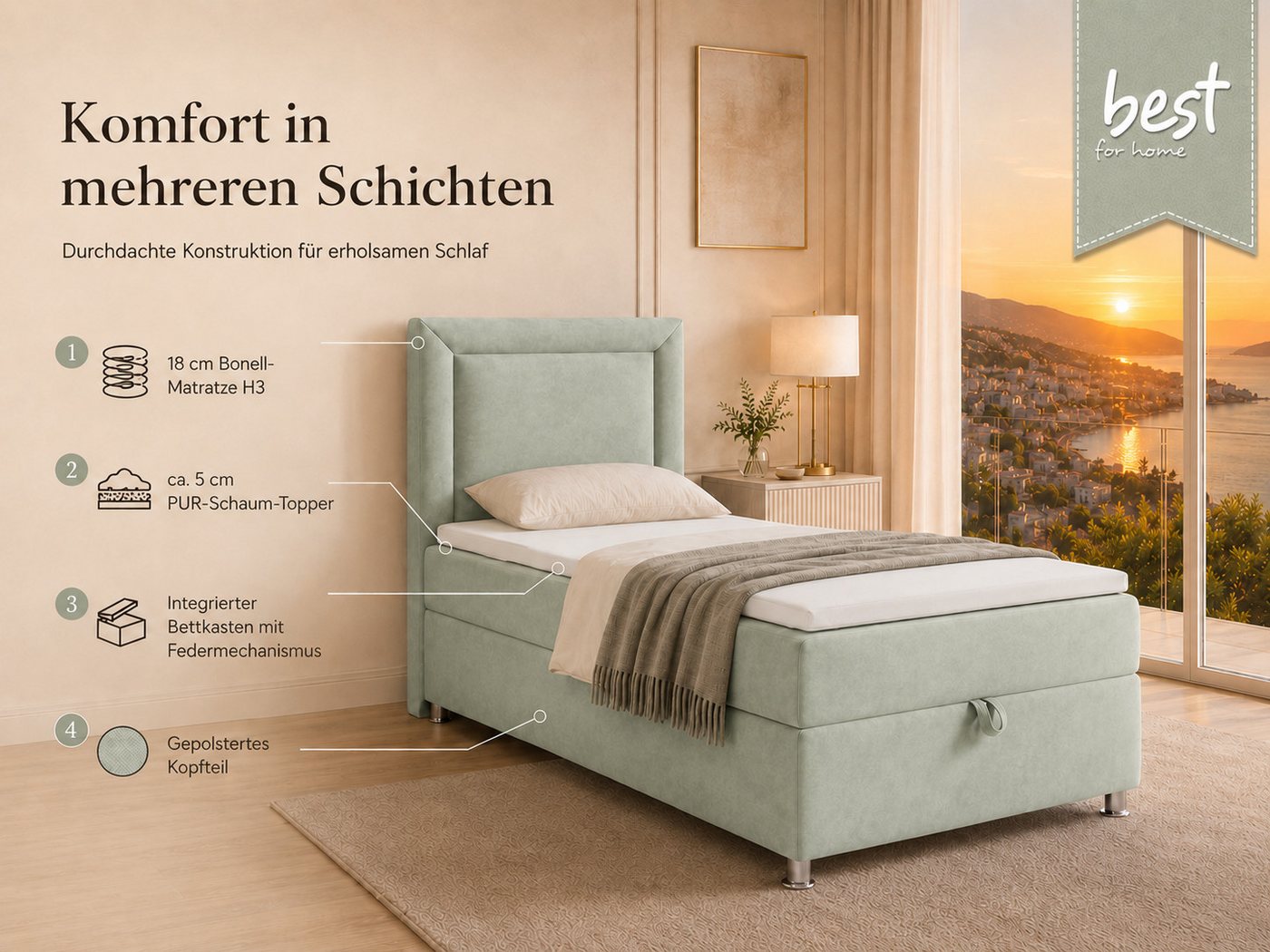 Best for Home Boxspringbett Trinity K-3 Boxspringbett mit Stauraum und Topper (Einzelbett, Polsterbett mit gepolstertes Kopfteil, Jugendbett, Kinderbett versch. – Bild 3 von 5