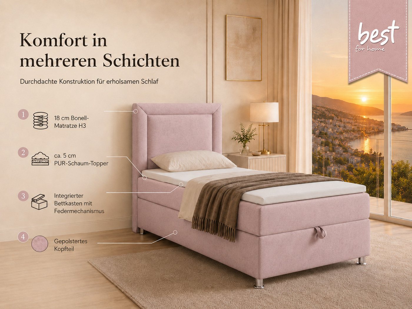 Best for Home Boxspringbett Trinity K-3 Boxspringbett mit Stauraum und Topper (Einzelbett, Polsterbett mit gepolstertes Kopfteil, Jugendbett, Kinderbett versch. – Bild 3 von 5