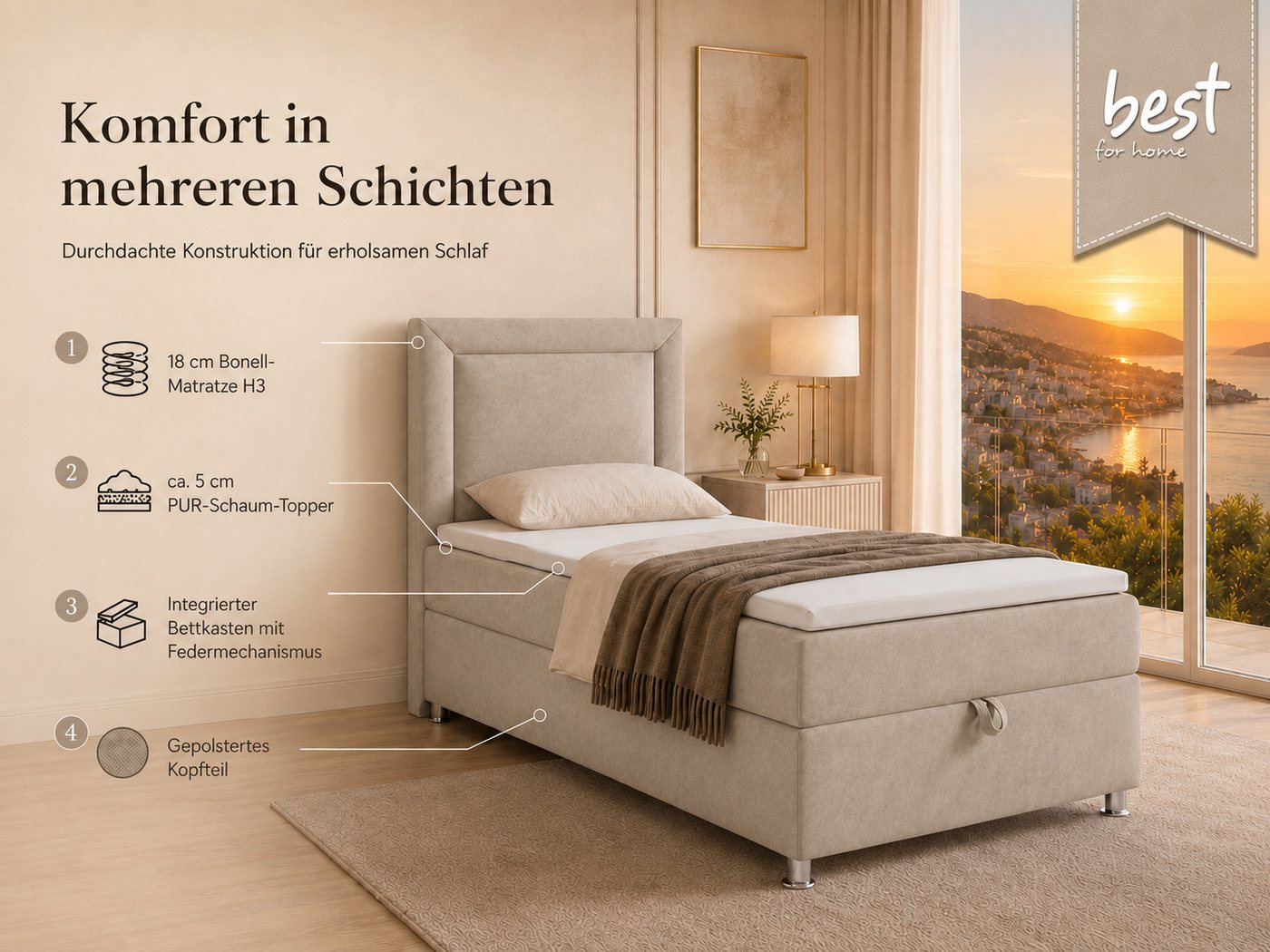 Best for Home Boxspringbett Trinity K-3 Boxspringbett mit Stauraum und Topper (Einzelbett, Polsterbett mit gepolstertes Kopfteil, Jugendbett, Kinderbett versch. – Bild 3 von 5