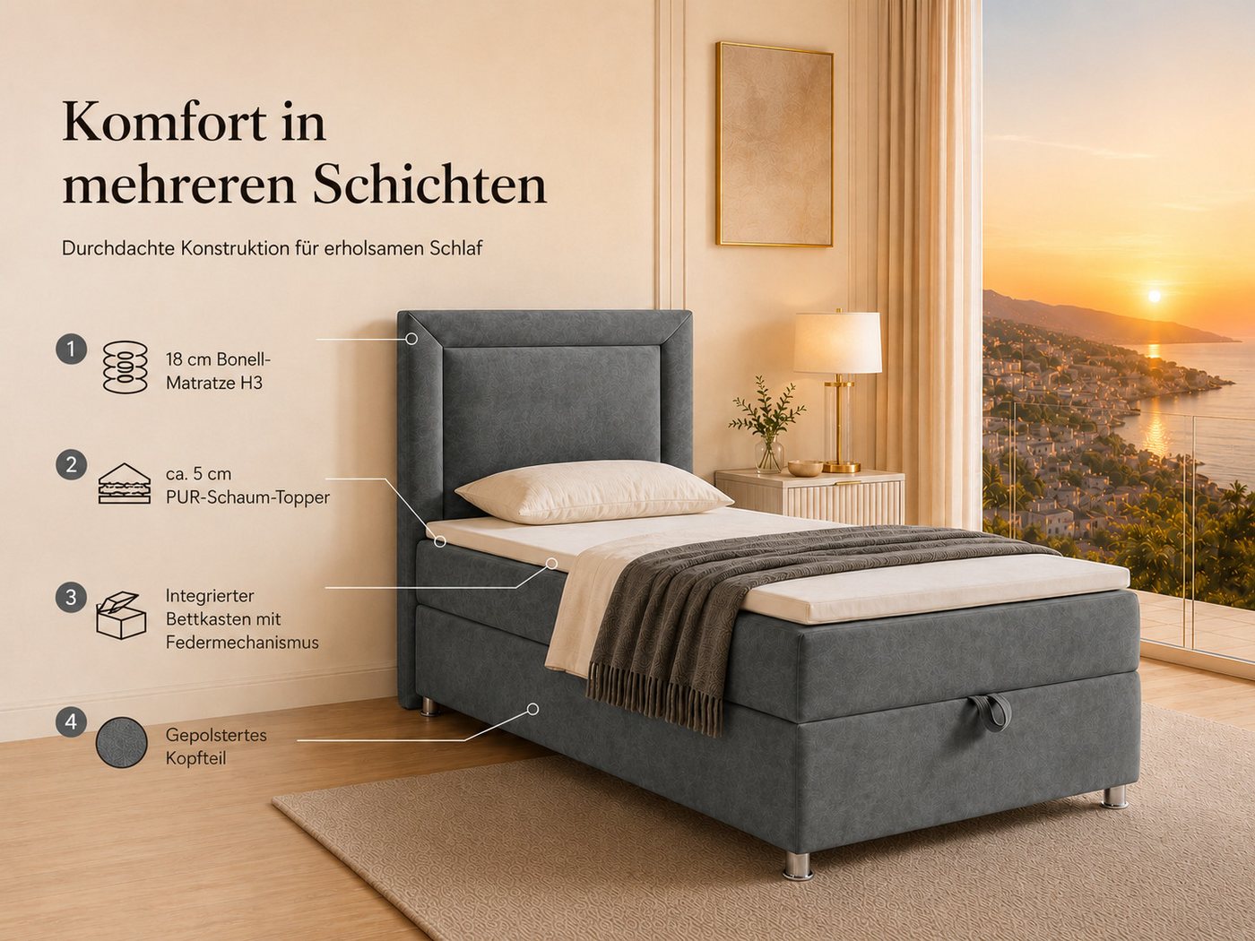Best for Home Boxspringbett Trinity K-3 Boxspringbett mit Stauraum und Topper (Einzelbett, Polsterbett mit gepolstertes Kopfteil, Jugendbett, Kinderbett versch. – Bild 3 von 5