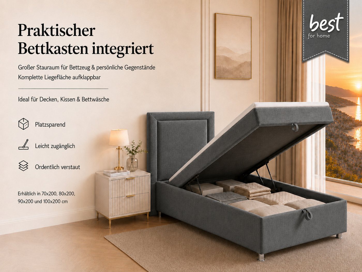 Best for Home Boxspringbett Trinity K-3 Boxspringbett mit Stauraum und Topper (Einzelbett, Polsterbett mit gepolstertes Kopfteil, Jugendbett, Kinderbett versch. – Bild 5 von 5