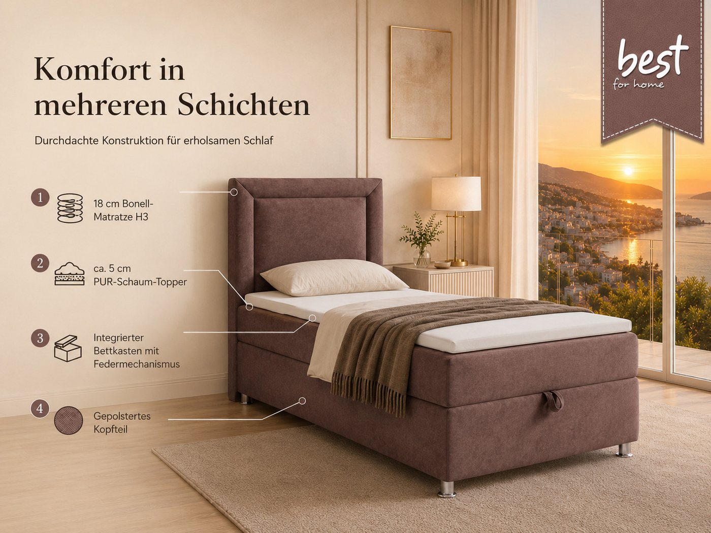 Best for Home Boxspringbett Trinity K-3 Boxspringbett mit Stauraum und Topper (Einzelbett, Polsterbett mit gepolstertes Kopfteil, Jugendbett, Kinderbett versch. – Bild 3 von 5