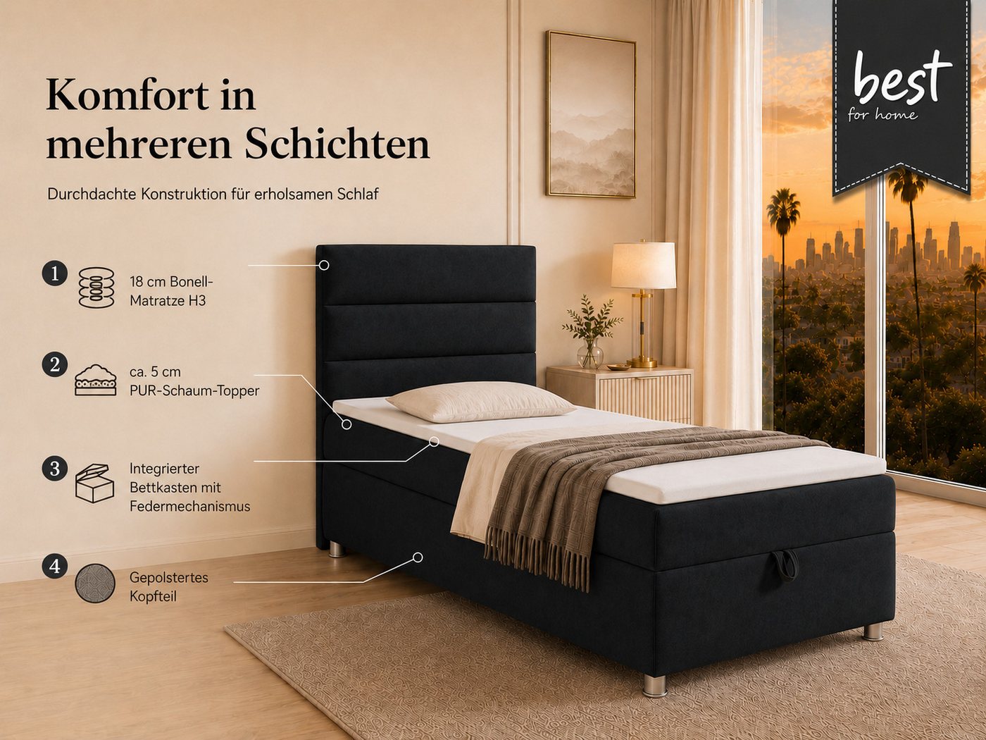 Best for Home Boxspringbett Trinity K-4 Single 5cm Topper Bonell Bettkasten (Einzelbett, Polsterbett mit gepolstertes Kopfteil, Jugendbett, Kinderbett versch. G – Bild 3 von 5