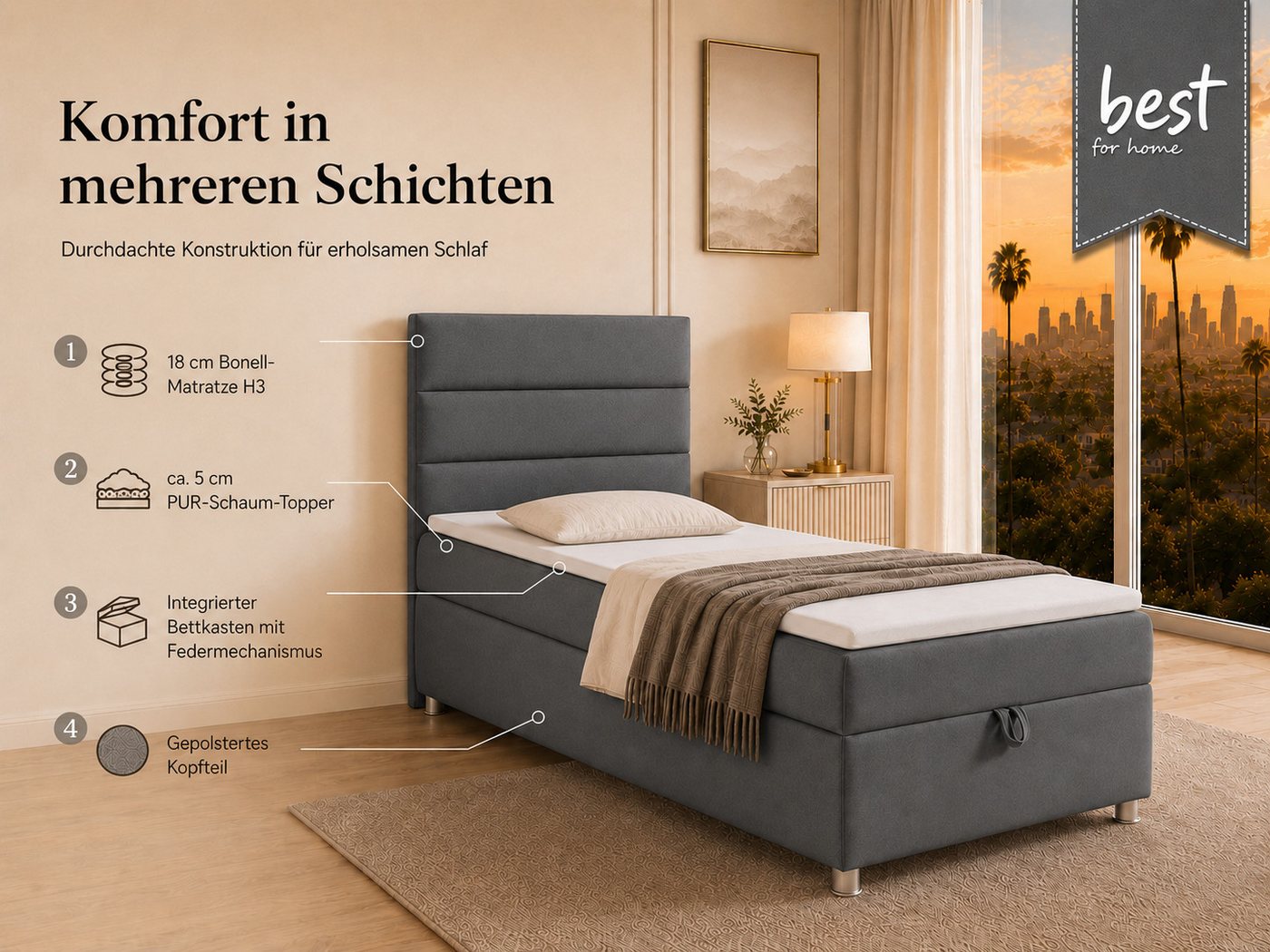 Best for Home Boxspringbett Trinity K-4 Single 5cm Topper Bonell Bettkasten (Einzelbett, Polsterbett mit gepolstertes Kopfteil, Jugendbett, Kinderbett versch. G – Bild 3 von 5