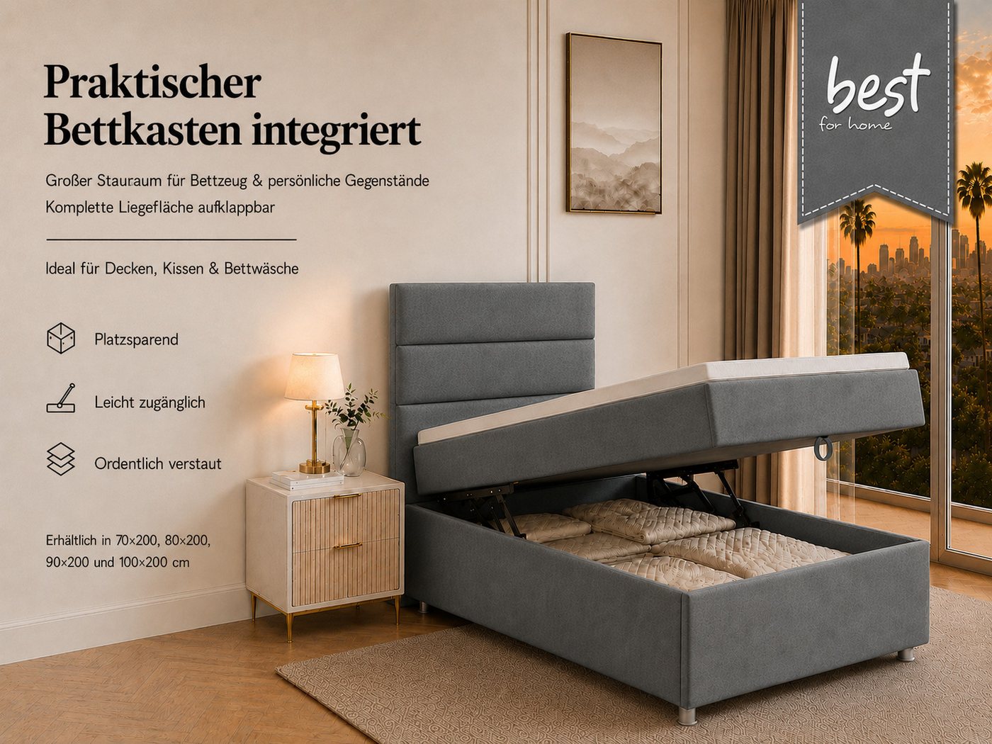 Best for Home Boxspringbett Trinity K-4 Single 5cm Topper Bonell Bettkasten (Einzelbett, Polsterbett mit gepolstertes Kopfteil, Jugendbett, Kinderbett versch. G – Bild 5 von 5