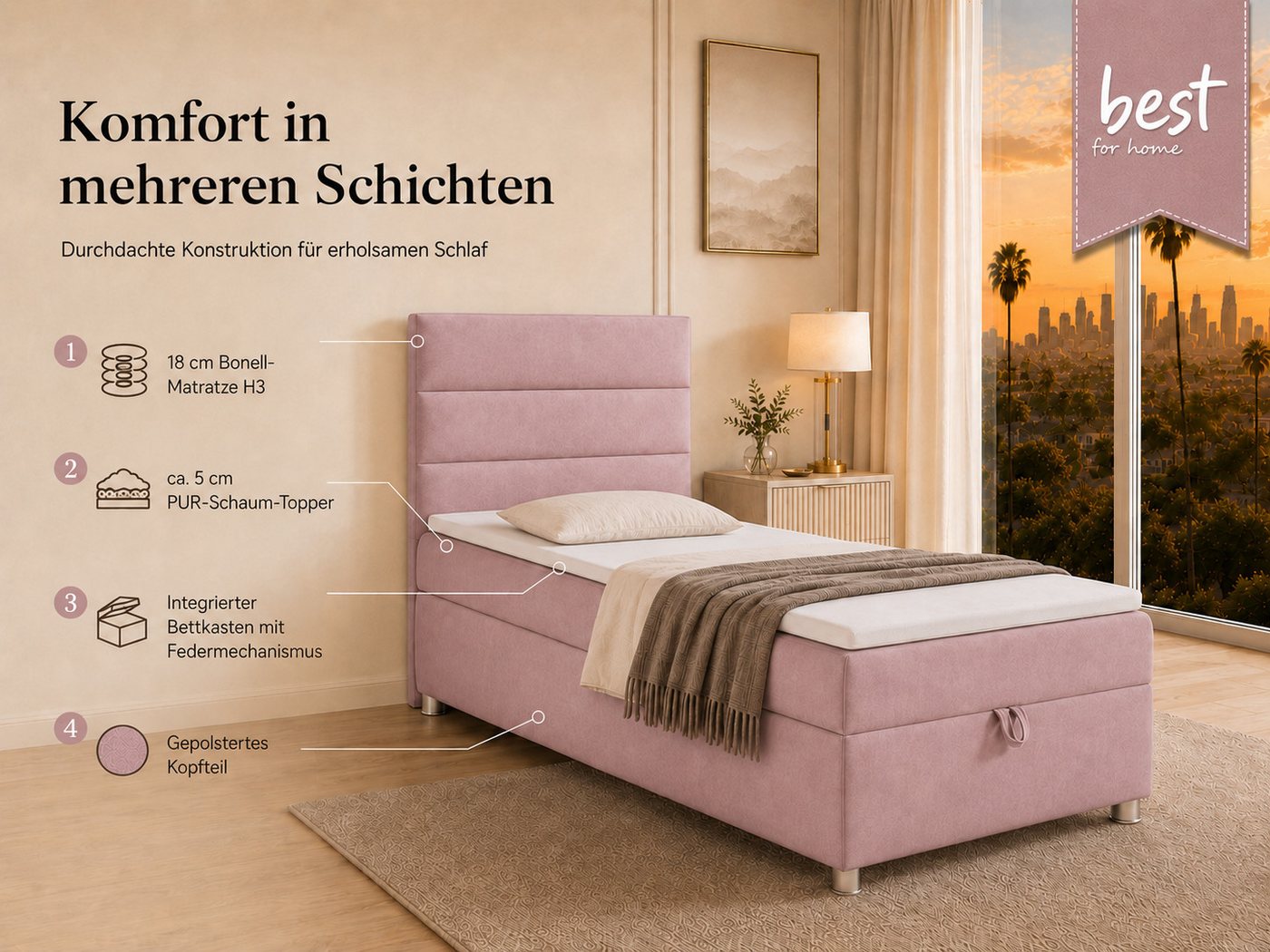 Best for Home Boxspringbett Trinity K-4 Single 5cm Topper Bonell Bettkasten (Einzelbett, Polsterbett mit gepolstertes Kopfteil, Jugendbett, Kinderbett versch. G – Bild 3 von 5