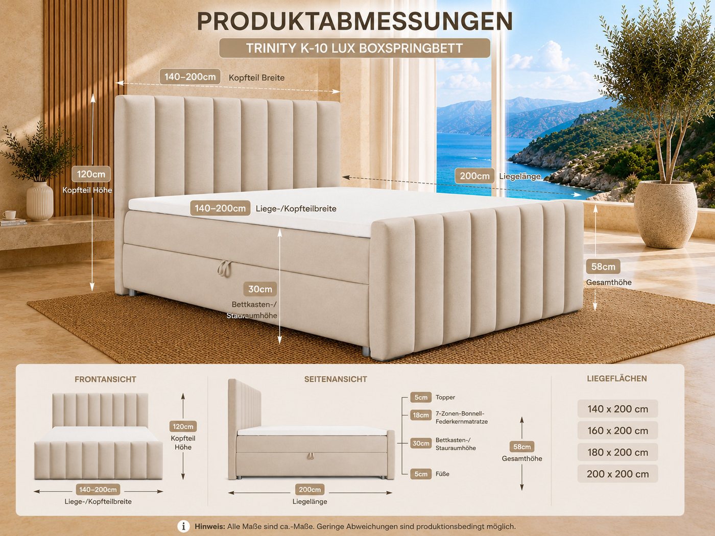 Best for Home Boxspringbett Trinity K10 mit Stauraum, Bonellmatratze & Komfort-Topper (Boxspringbett-Set, 1-St., 140x200 160x200 180x200 200x200 cm), Ergonomisc – Bild 5 von 5