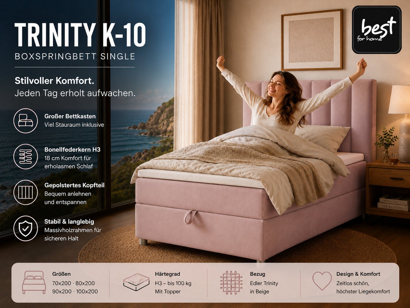 Best for Home Boxspringbett Trinity K10 SINGLE mit Bettkasten & Bonellfederkern, Komfort Topper H3 (Einzelbett, Polsterbett gepolstertes Kopfteil, Jugendbett, K – Bild 4 von 5