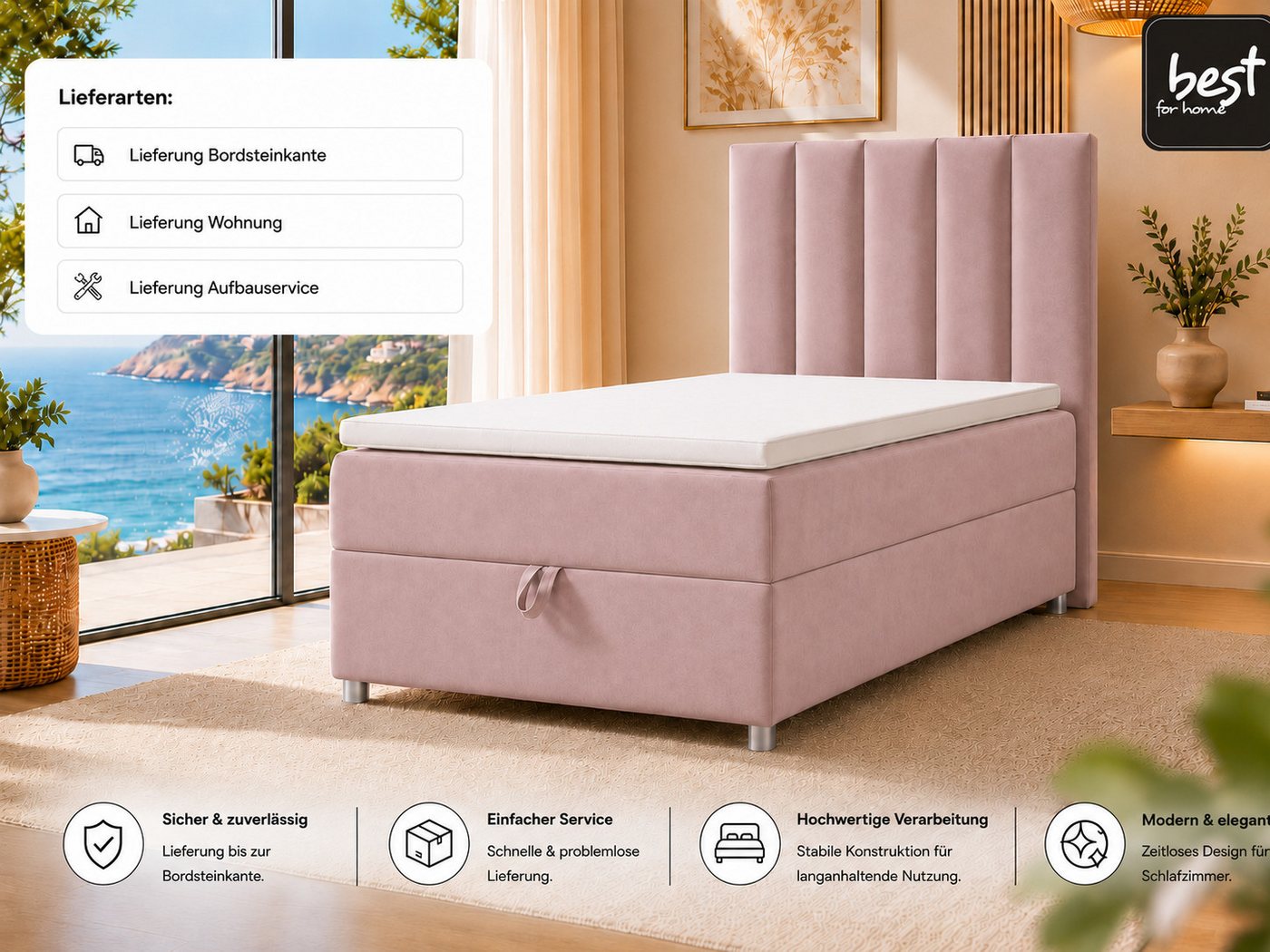 Best for Home Boxspringbett Trinity K10 SINGLE mit Bettkasten & Bonellfederkern, Komfort Topper H3 (Einzelbett, Polsterbett gepolstertes Kopfteil, Jugendbett, K – Bild 5 von 5