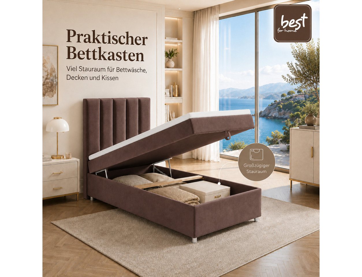 Best for Home Boxspringbett Trinity K10 SINGLE mit Bettkasten & Bonellfederkern, Komfort Topper H3 (Einzelbett, Polsterbett gepolstertes Kopfteil, Jugendbett, K – Bild 2 von 5