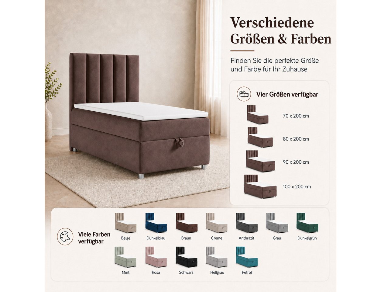 Best for Home Boxspringbett Trinity K10 SINGLE mit Bettkasten & Bonellfederkern, Komfort Topper H3 (Einzelbett, Polsterbett gepolstertes Kopfteil, Jugendbett, K – Bild 3 von 5