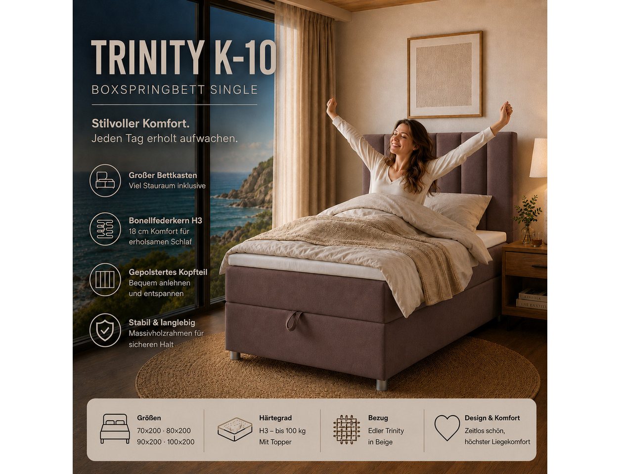 Best for Home Boxspringbett Trinity K10 SINGLE mit Bettkasten & Bonellfederkern, Komfort Topper H3 (Einzelbett, Polsterbett gepolstertes Kopfteil, Jugendbett, K – Bild 4 von 5