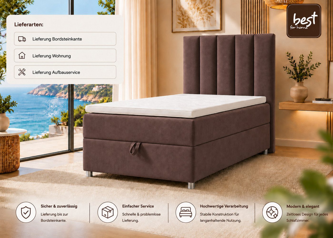 Best for Home Boxspringbett Trinity K10 SINGLE mit Bettkasten & Bonellfederkern, Komfort Topper H3 (Einzelbett, Polsterbett gepolstertes Kopfteil, Jugendbett, K – Bild 5 von 5