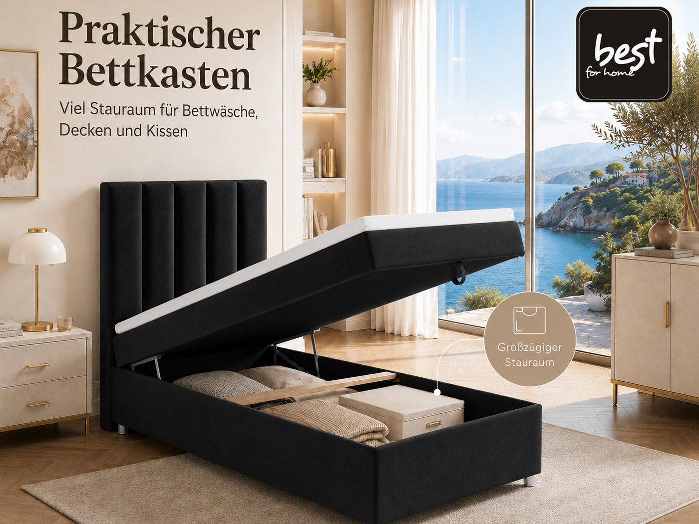 Best for Home Boxspringbett Trinity K10 SINGLE mit Bettkasten & Bonellfederkern, Komfort Topper H3 (Einzelbett, Polsterbett gepolstertes Kopfteil, Jugendbett, K – Bild 2 von 5