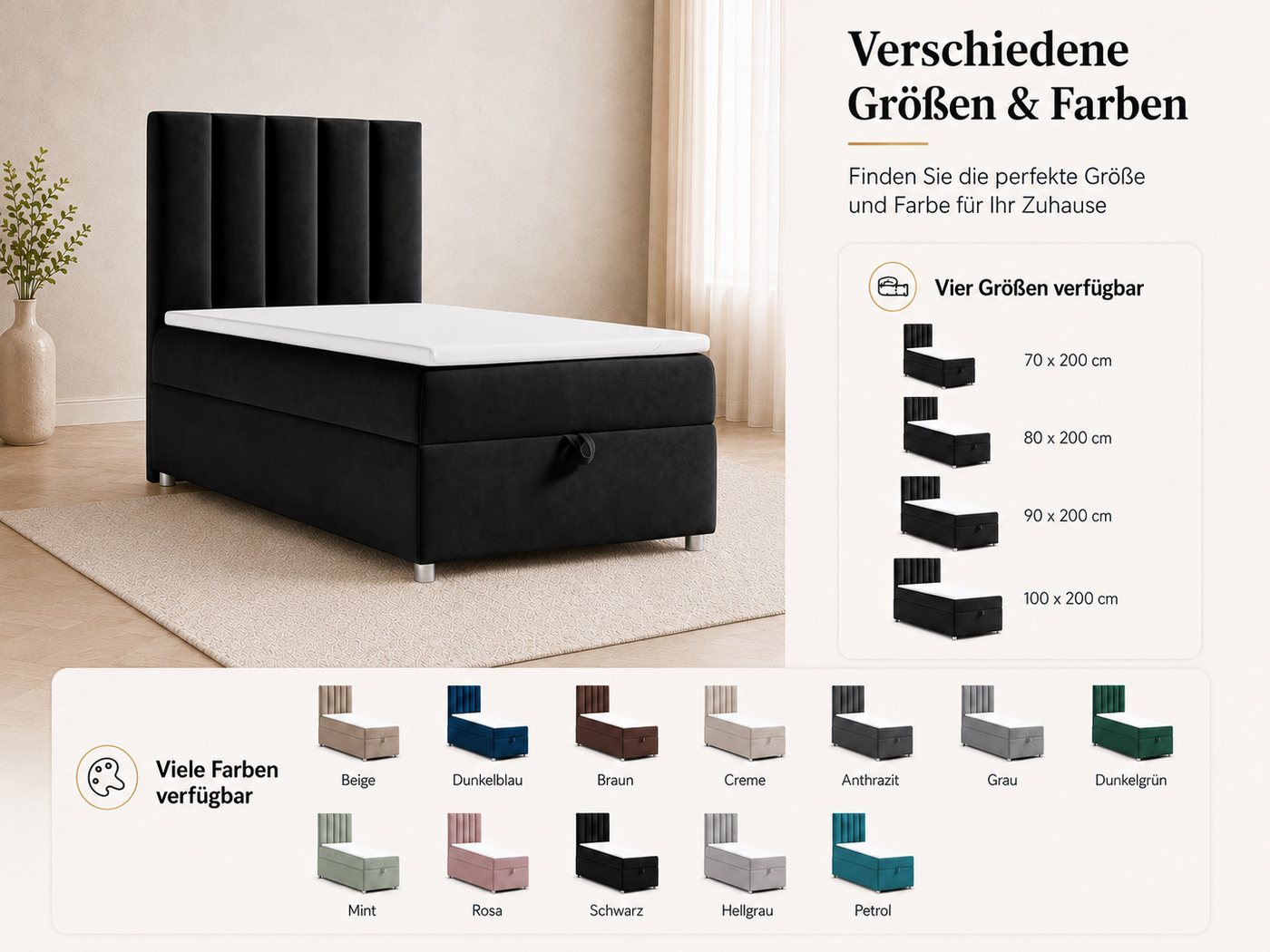 Best for Home Boxspringbett Trinity K10 SINGLE mit Bettkasten & Bonellfederkern, Komfort Topper H3 (Einzelbett, Polsterbett gepolstertes Kopfteil, Jugendbett, K – Bild 3 von 5