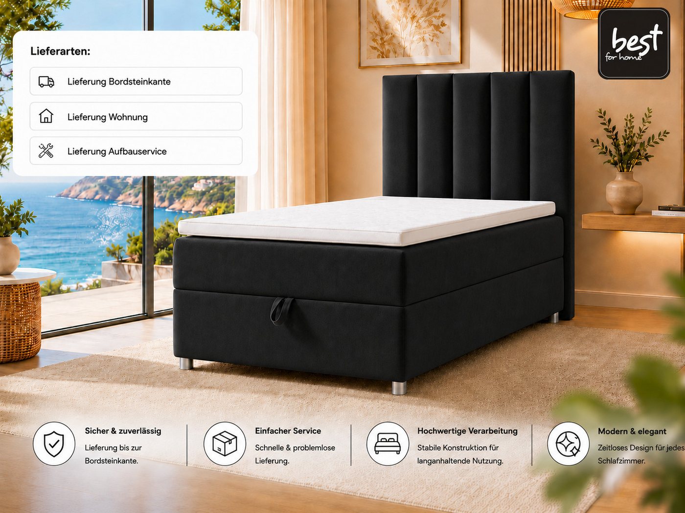 Best for Home Boxspringbett Trinity K10 SINGLE mit Bettkasten & Bonellfederkern, Komfort Topper H3 (Einzelbett, Polsterbett gepolstertes Kopfteil, Jugendbett, K – Bild 5 von 5