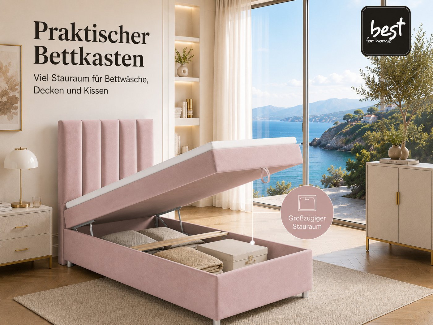 Best for Home Boxspringbett Trinity K10 SINGLE mit Bettkasten & Bonellfederkern, Komfort Topper H3 (Einzelbett, Polsterbett gepolstertes Kopfteil, Jugendbett, K – Bild 2 von 5