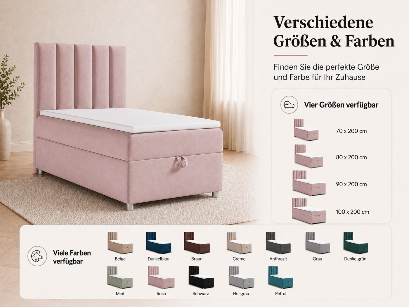 Best for Home Boxspringbett Trinity K10 SINGLE mit Bettkasten & Bonellfederkern, Komfort Topper H3 (Einzelbett, Polsterbett gepolstertes Kopfteil, Jugendbett, K – Bild 3 von 5