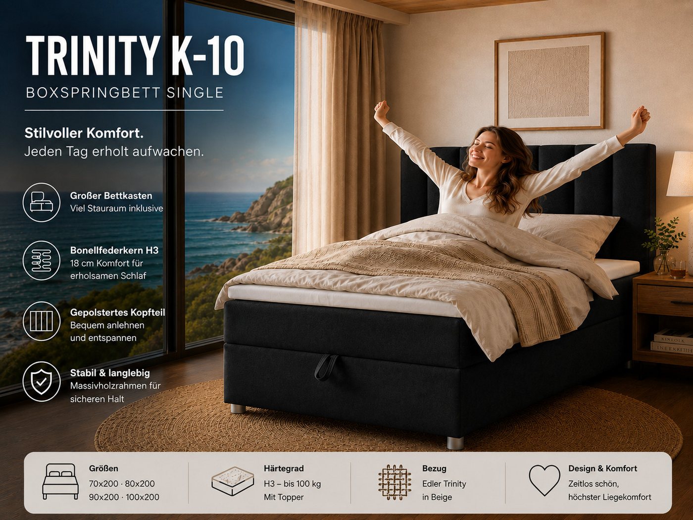 Best for Home Boxspringbett Trinity K10 SINGLE mit Bettkasten & Bonellfederkern, Komfort Topper H3 (Einzelbett, Polsterbett gepolstertes Kopfteil, Jugendbett, K – Bild 4 von 5