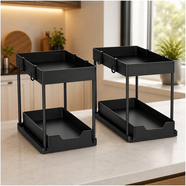 Best for Home Küchenorganizer-Set Küchen Organizer 2er-Set mit ausziehbarer Schublade Schwarz für Küche, (2-teilig, 2-tlg., 2er-Set, ca. 38×20×33 cm pro Einheit