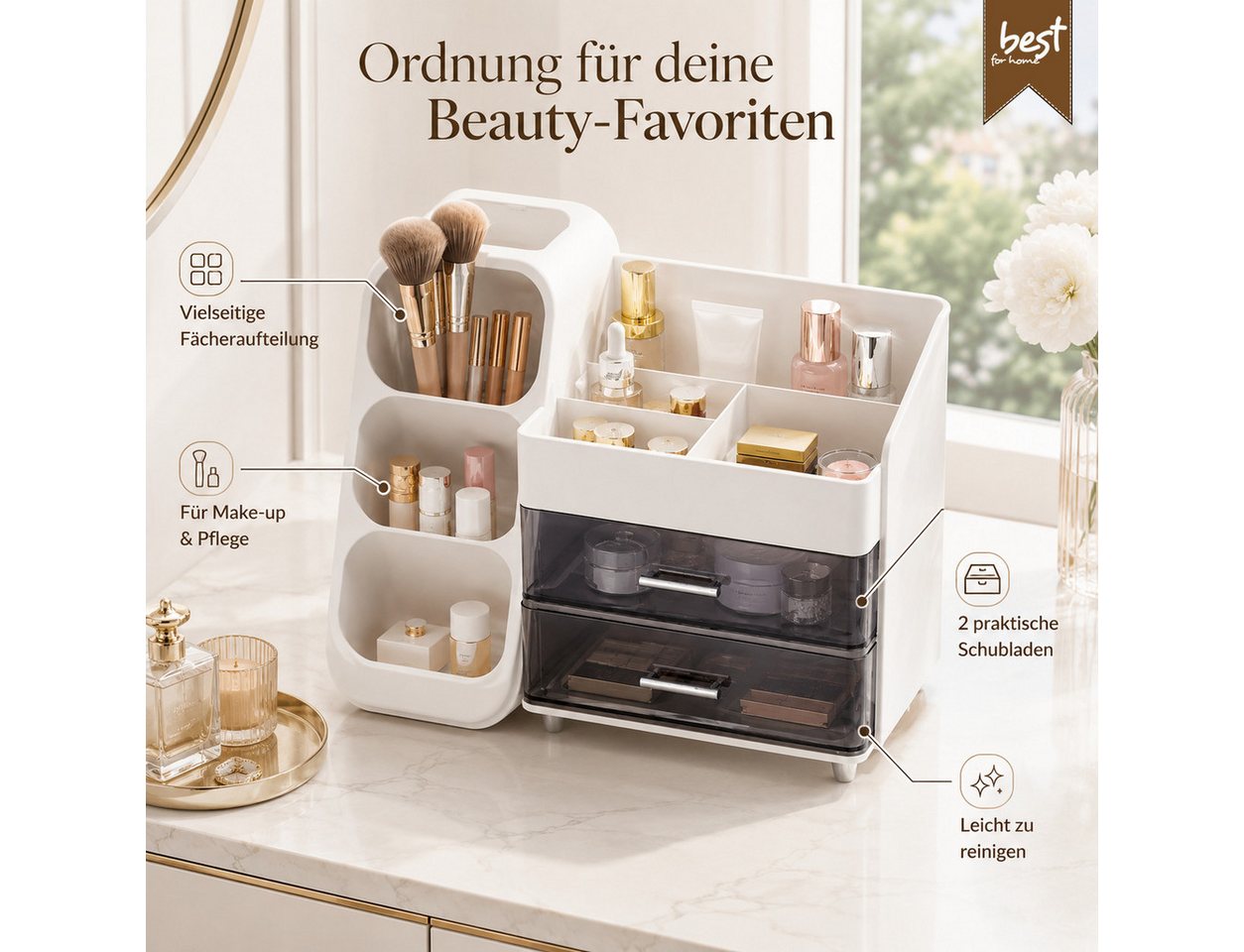 Best for Home Make-Up Organizer Schmink Organizer mit Schubladen für Kosmetik und Make-up Pinsel, Einzelartikel, 1-tlg., Organizer mit Schubladen, Fächern und P – Bild 2 von 5