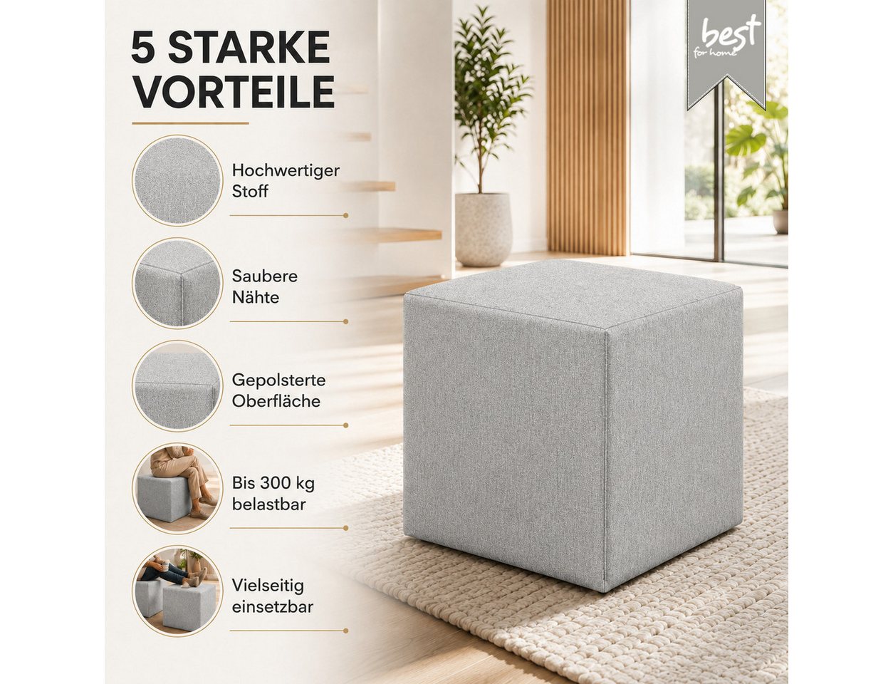 Best for Home Sitzhocker Cube Pouf – Stilvoller Samt Hocker & Fußhocker (Einzelstück, 1 St., verschiedene Farben), Handwerksqualität,TOP Preis-Leistungs-Verhält – Bild 2 von 5