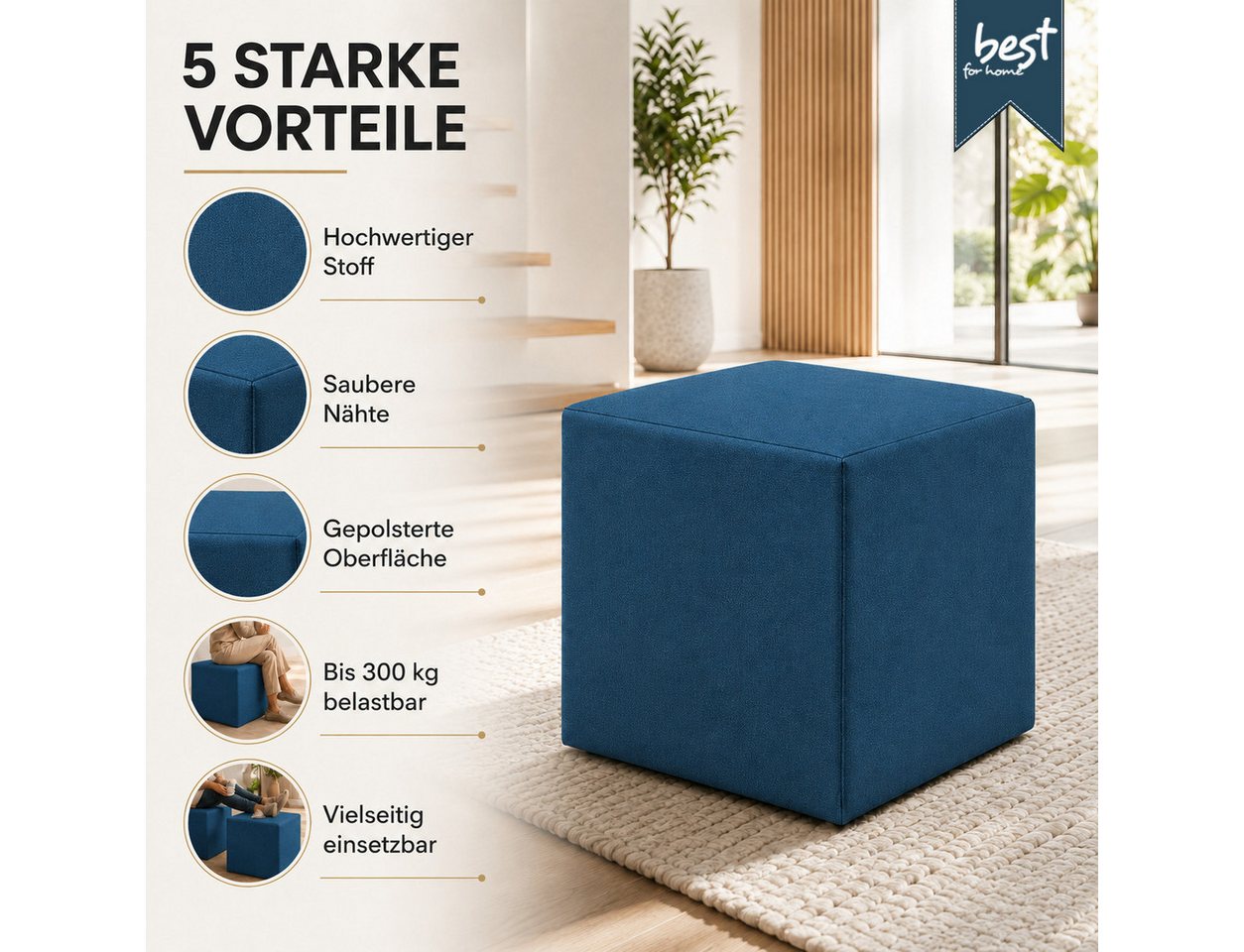 Best for Home Sitzhocker Cube Pouf – Stilvoller Samt Hocker & Fußhocker (Einzelstück, 1 St., verschiedene Farben), Handwerksqualität,TOP Preis-Leistungs-Verhält – Bild 2 von 5